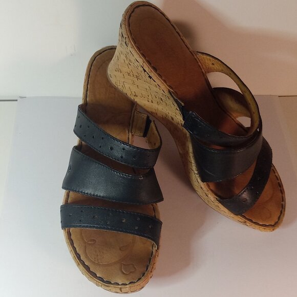 BORN Black Strappy Sandals Criss Cross Wedge Women Leather Shoes Size 8M - Picture 3 of 13